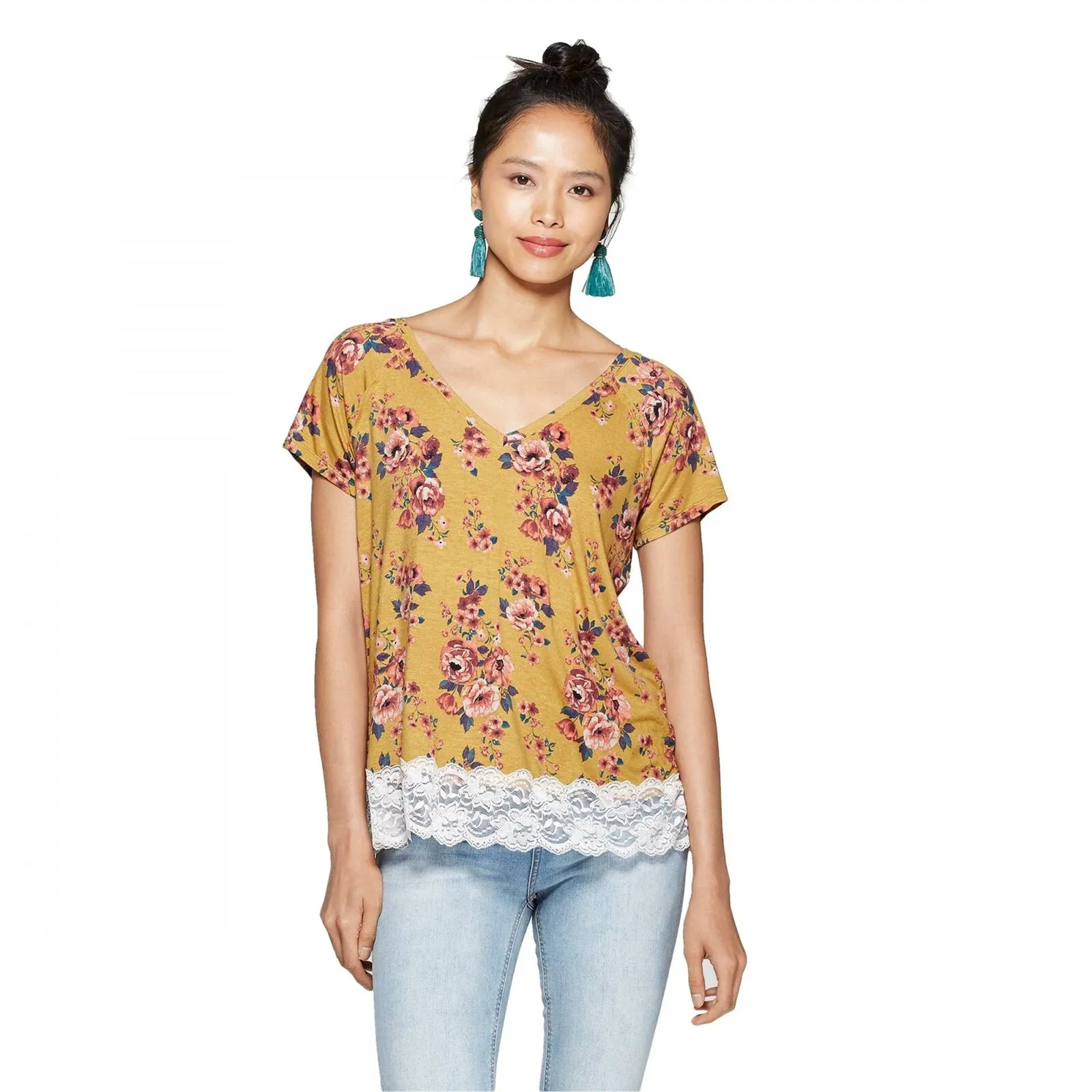 Xhilaration Women's Short Sleeve V-Neck Floral Lace Trim T-Shirt