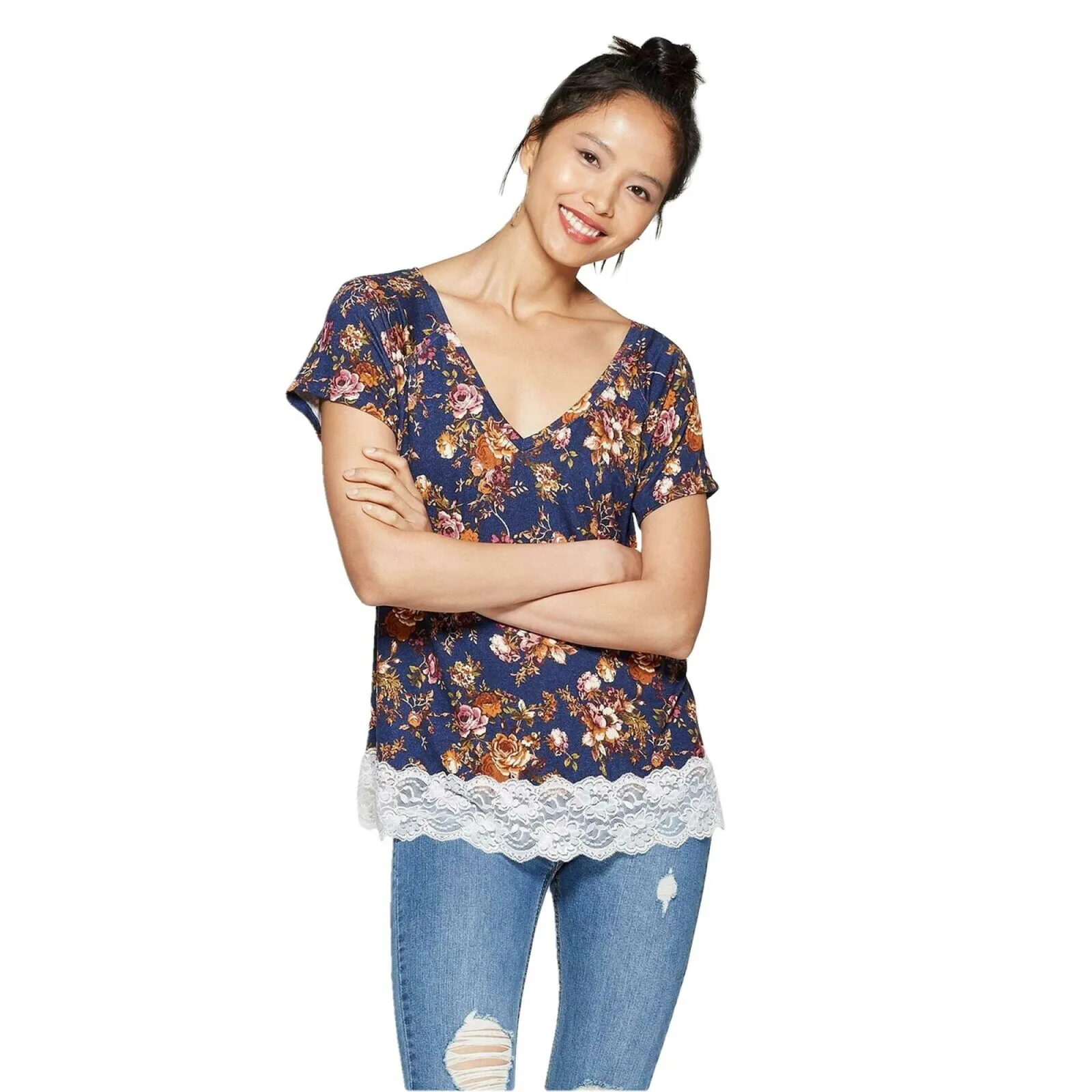 Xhilaration Women's Short Sleeve V-Neck Floral Lace Trim T-Shirt