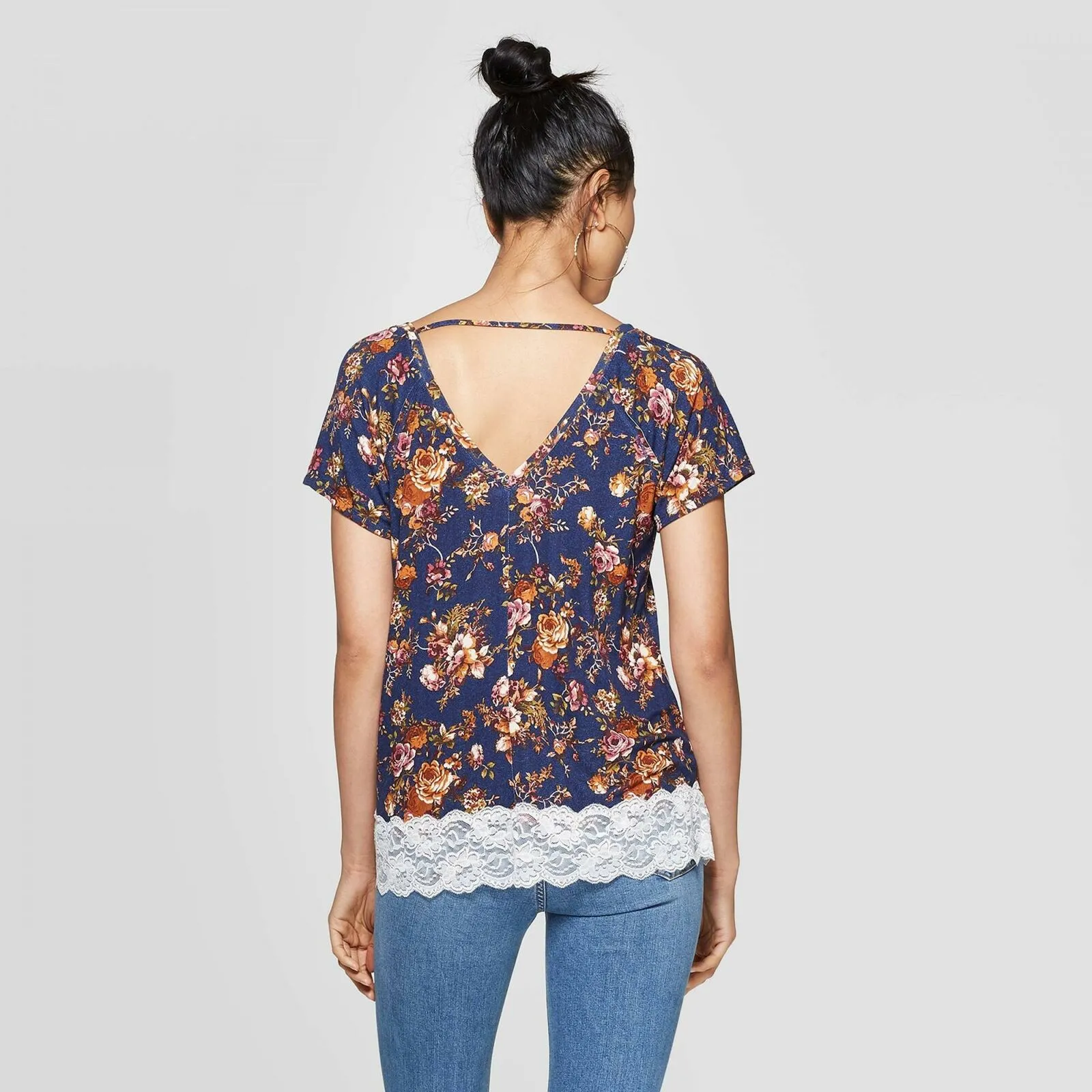 Xhilaration Women's Short Sleeve V-Neck Floral Lace Trim T-Shirt